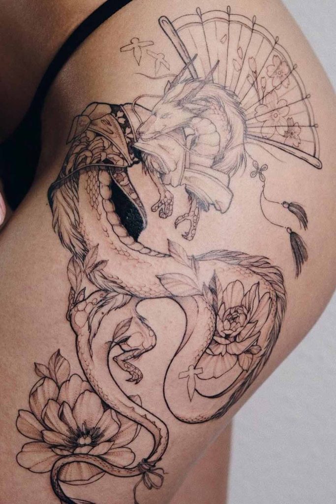 Japanese Dragon Thigh Tattoo