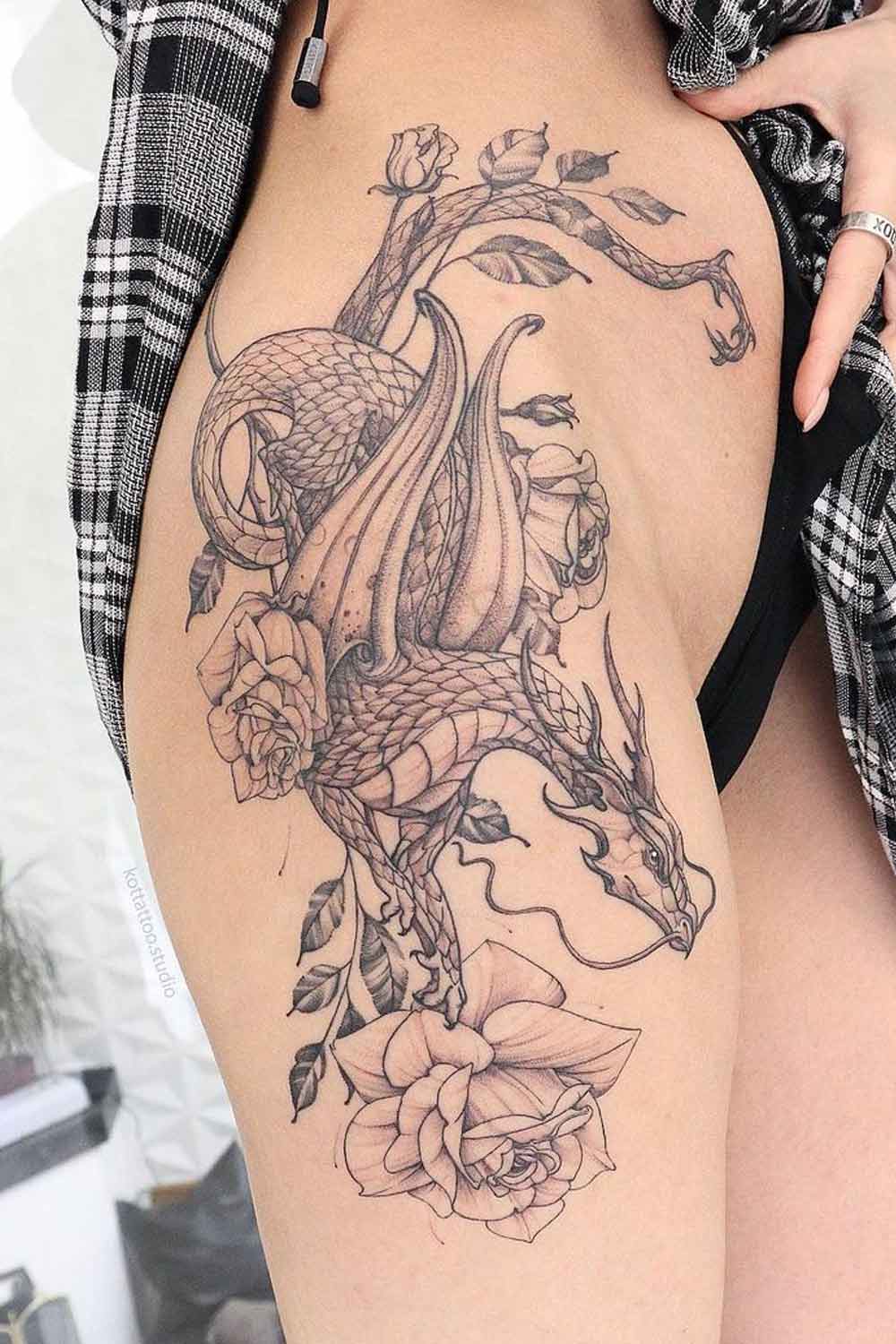 Thigh Dragon with Roses Tattoo