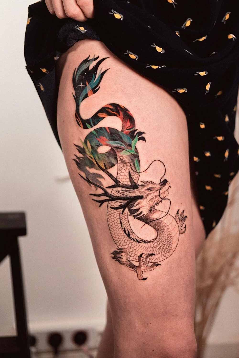 Half Colored Thigh Dragon Tattoo