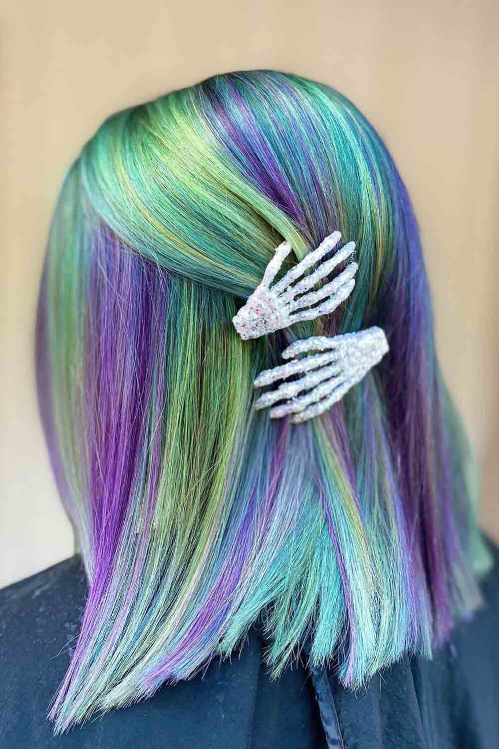 Blue, Purple and Green Colors Highlighted Hair