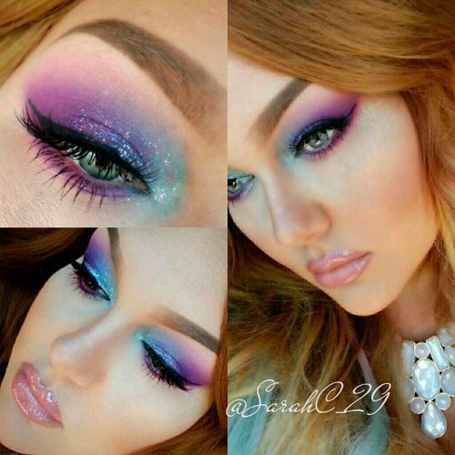 Pink And Green Eyeshadow With Bold Black Eyeliner