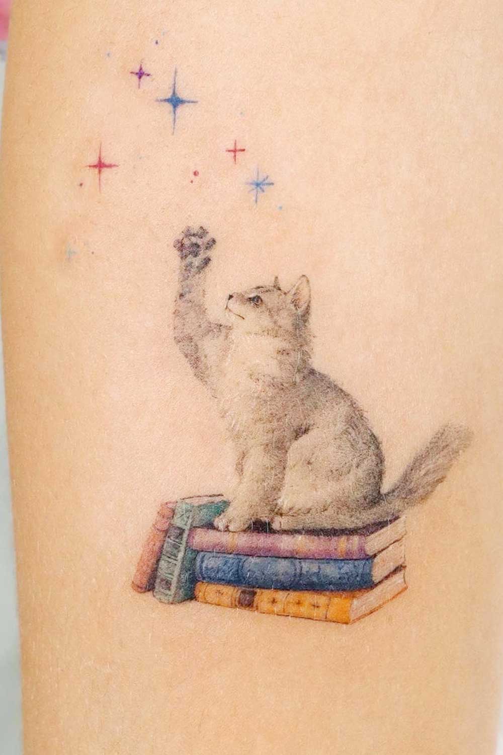 Cat with Books Tattoo
