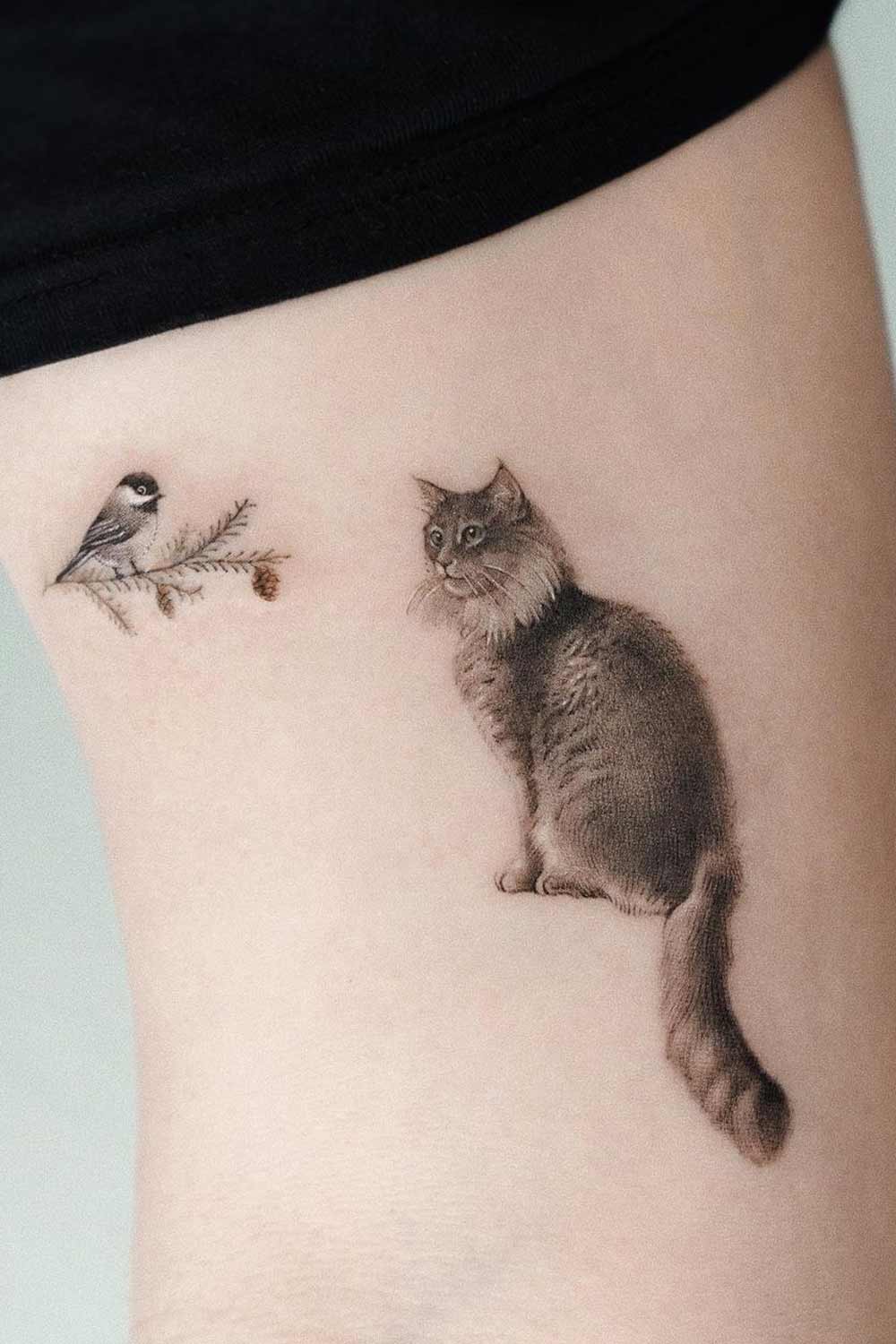 Cat with Bird Tattoo Design