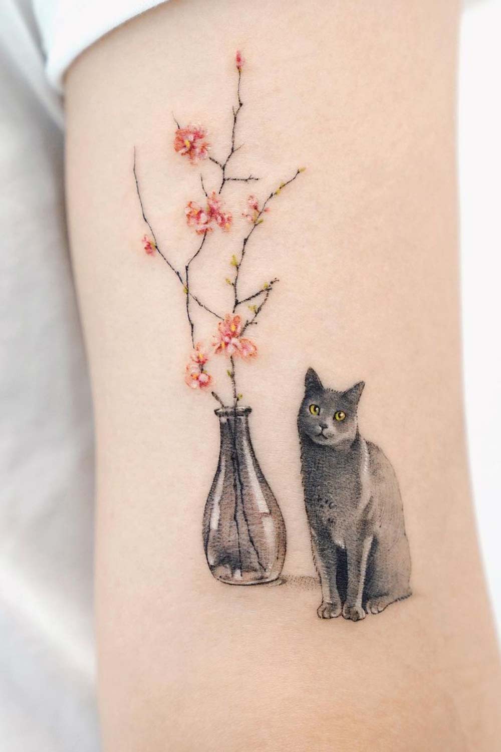 Gray Cat with Flowers Tattoo
