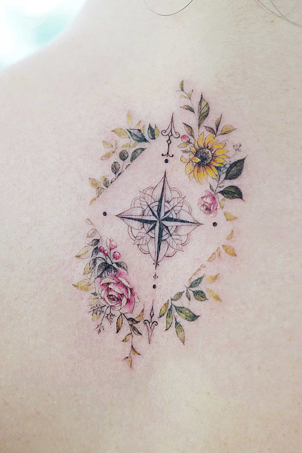 Back Compass Tattoo with Flowers
