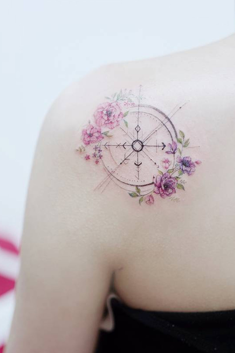 compass tattoo shoulder floral watercolor