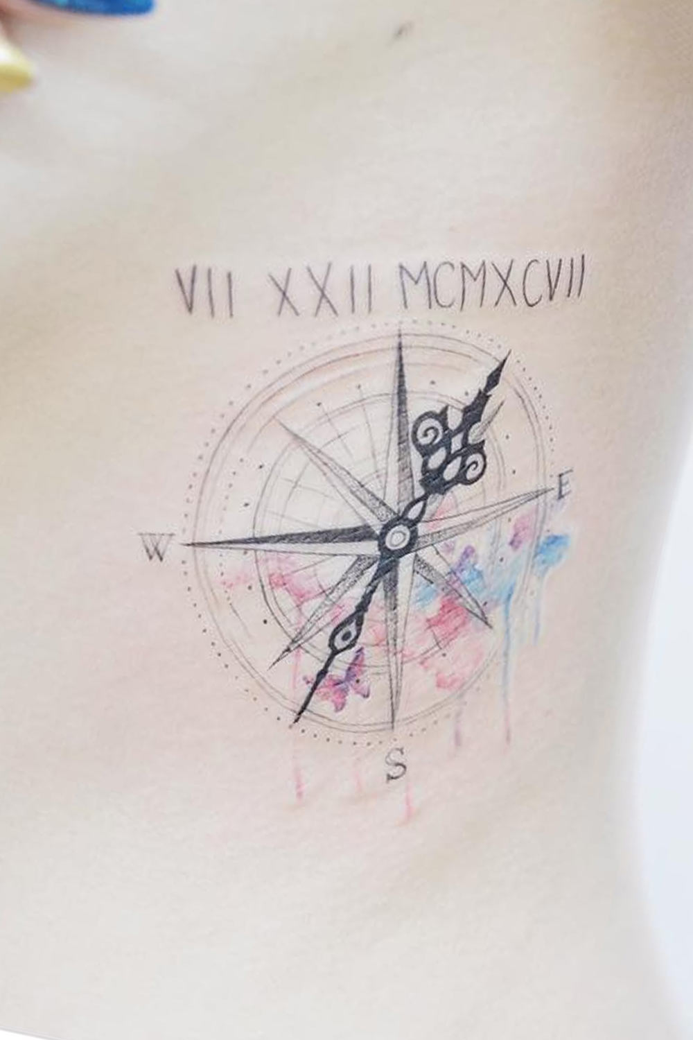 Side Body Watercolor Compass Tattoo Design