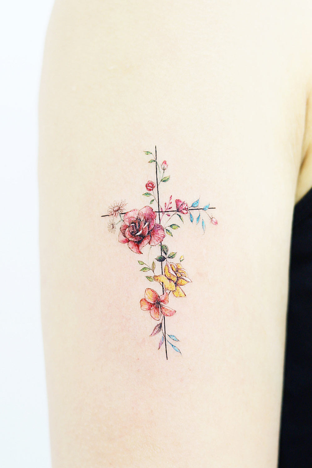 Floral Cross Design for Arm Tattoo