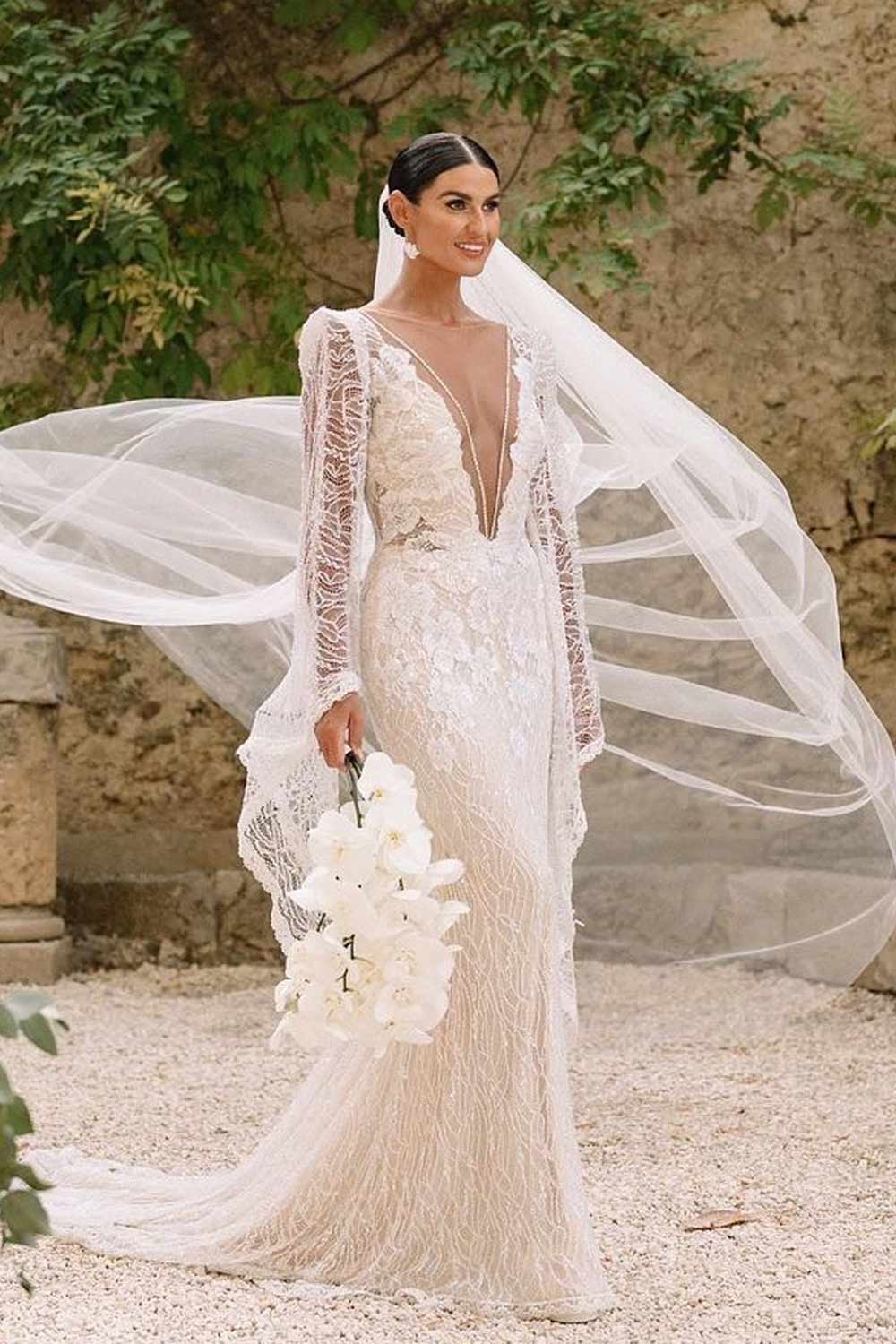 Lace Wedding Dress with Deep V Neck