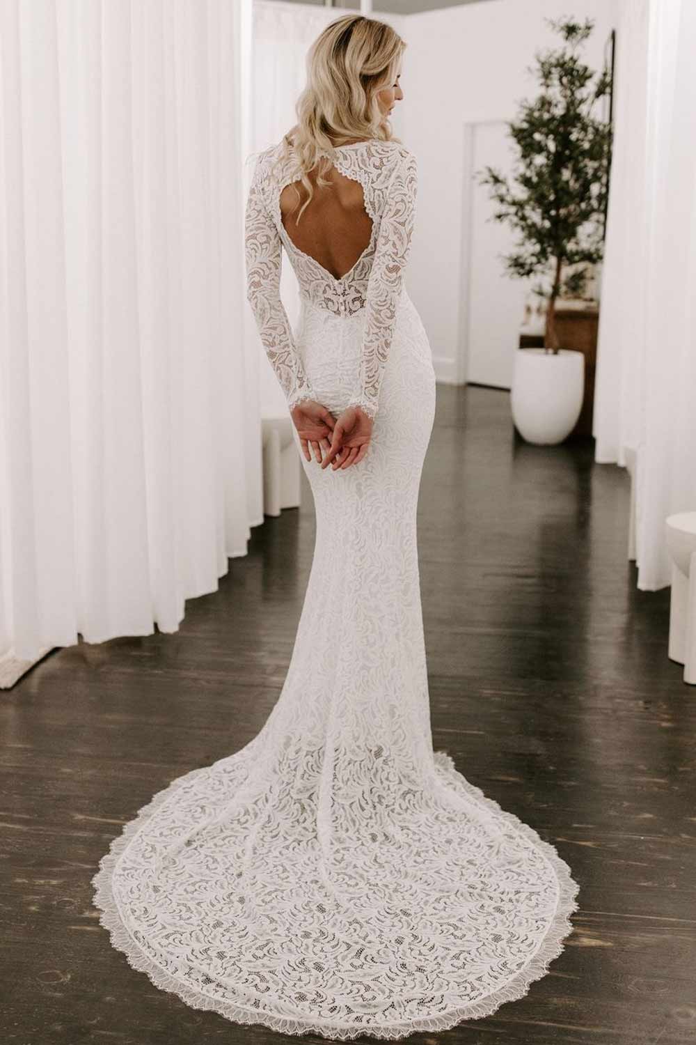 Open Back Mermaid Wedding Dress with Long Lace Sleeves