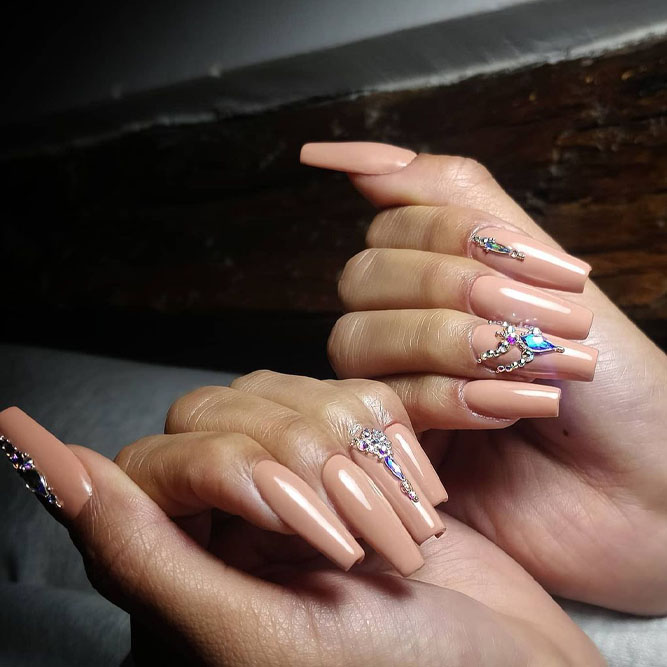 Beige Fall Nails with Rhinestones