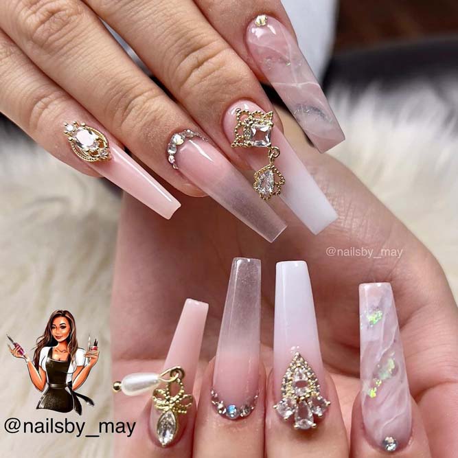 Marble Fall Nails with Rhinestones