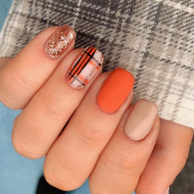 Orange Plaid Fall Nails