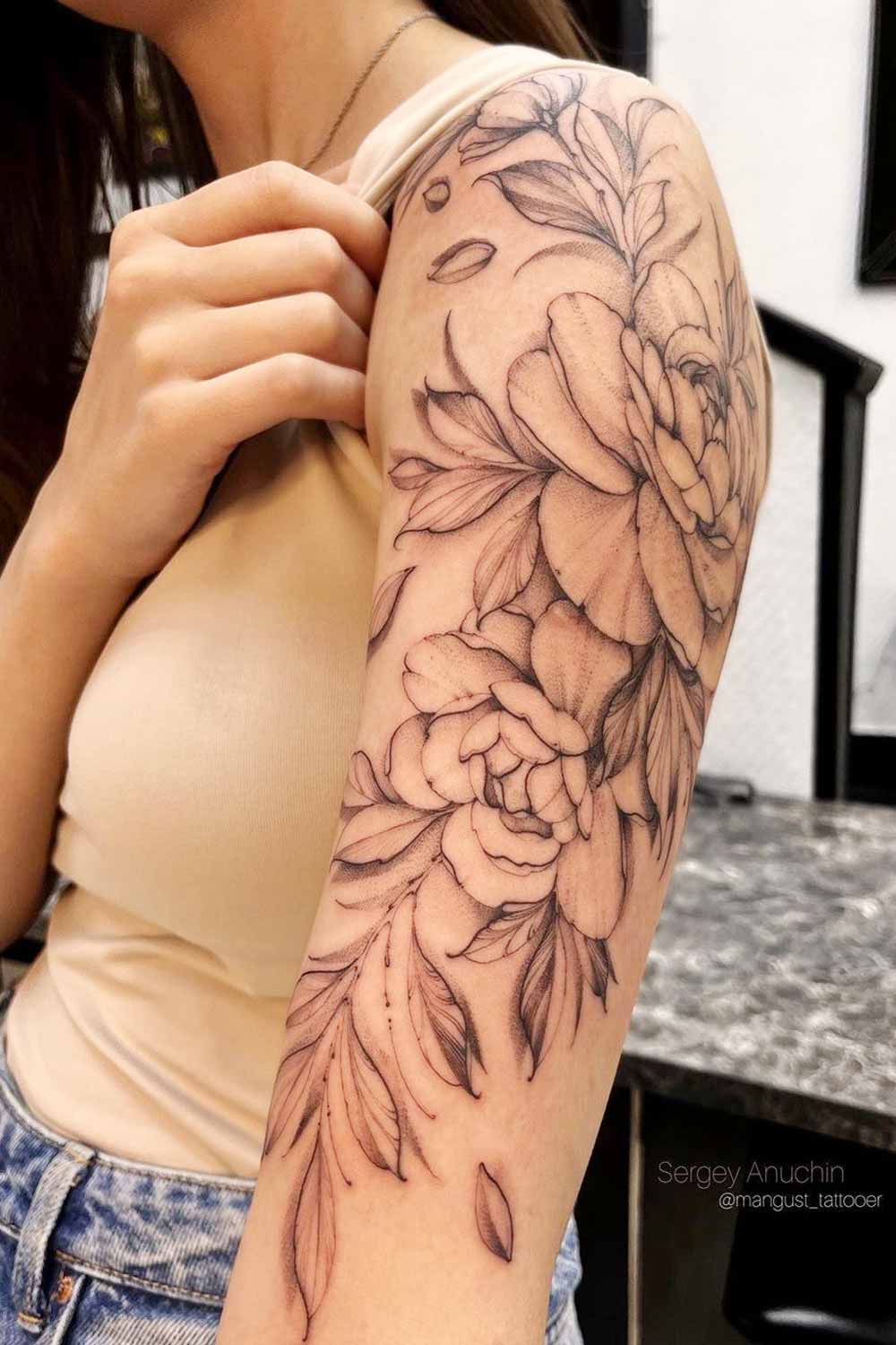 Floral Half Sleeve with Peonies Tattoo