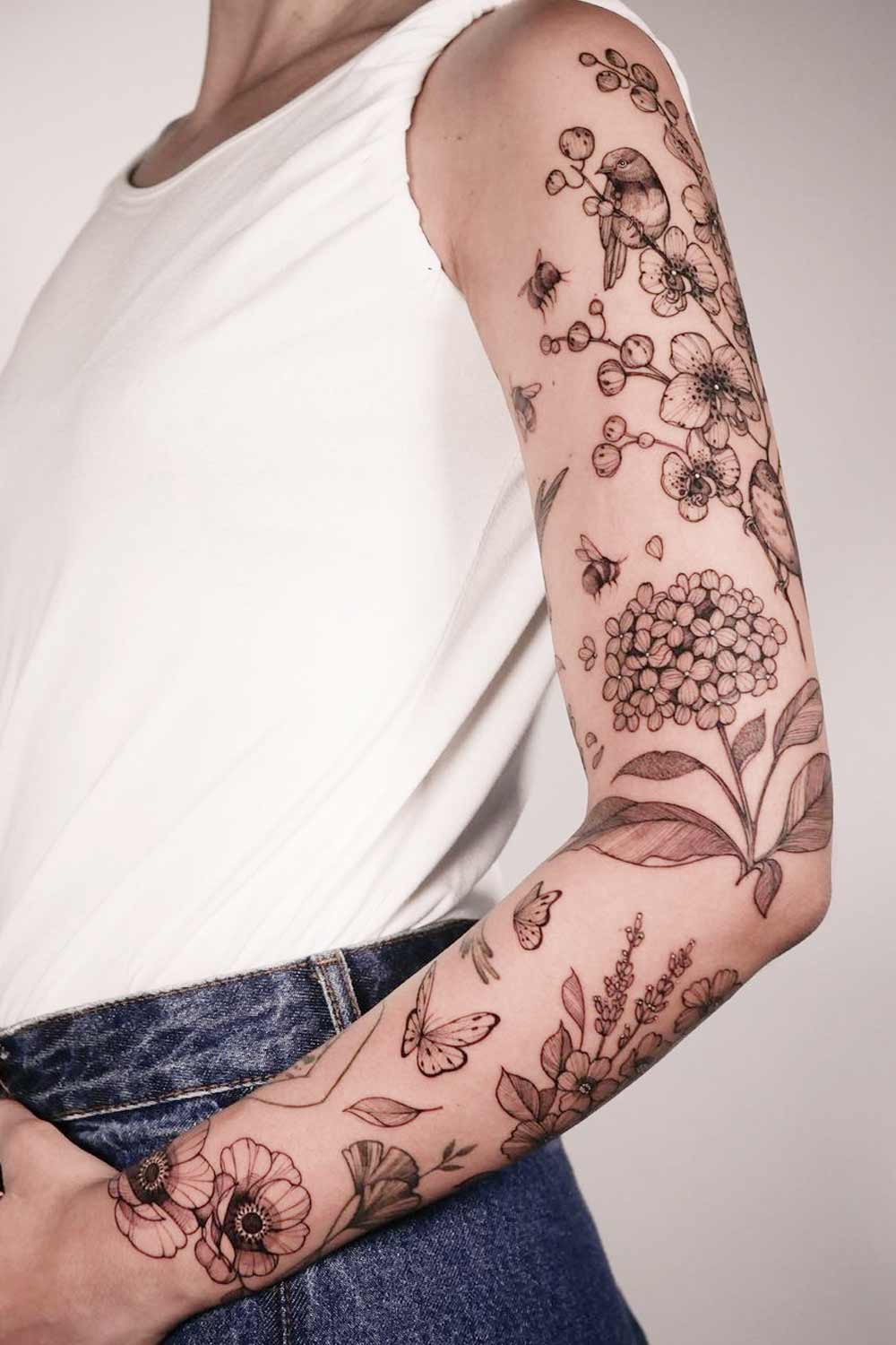 Sleeve Tattoo with Butterflies and Flowers
