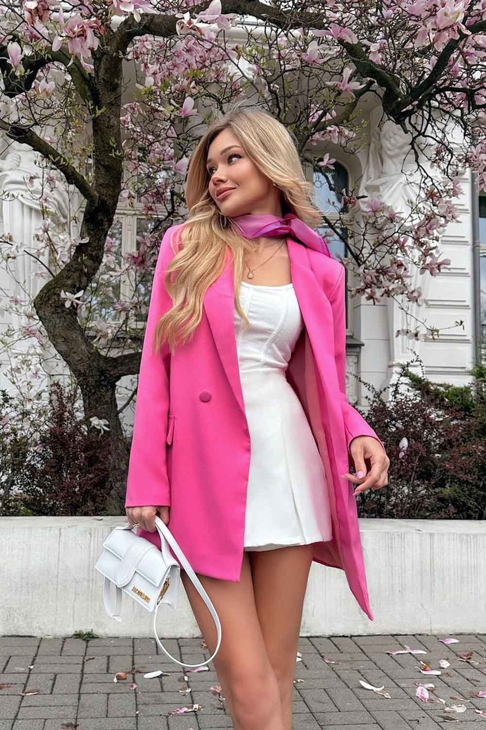 Barbie Look with White Dress and Pink Blazer