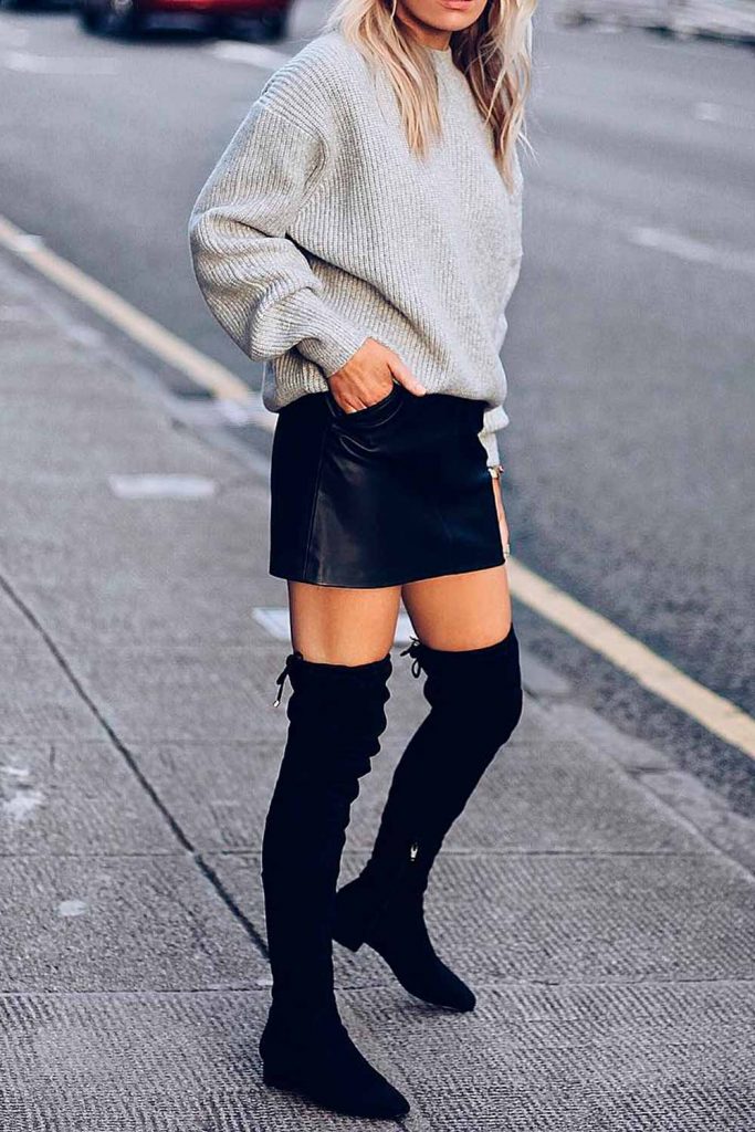 Black Mini Skirt With Gray Oversize Sweater