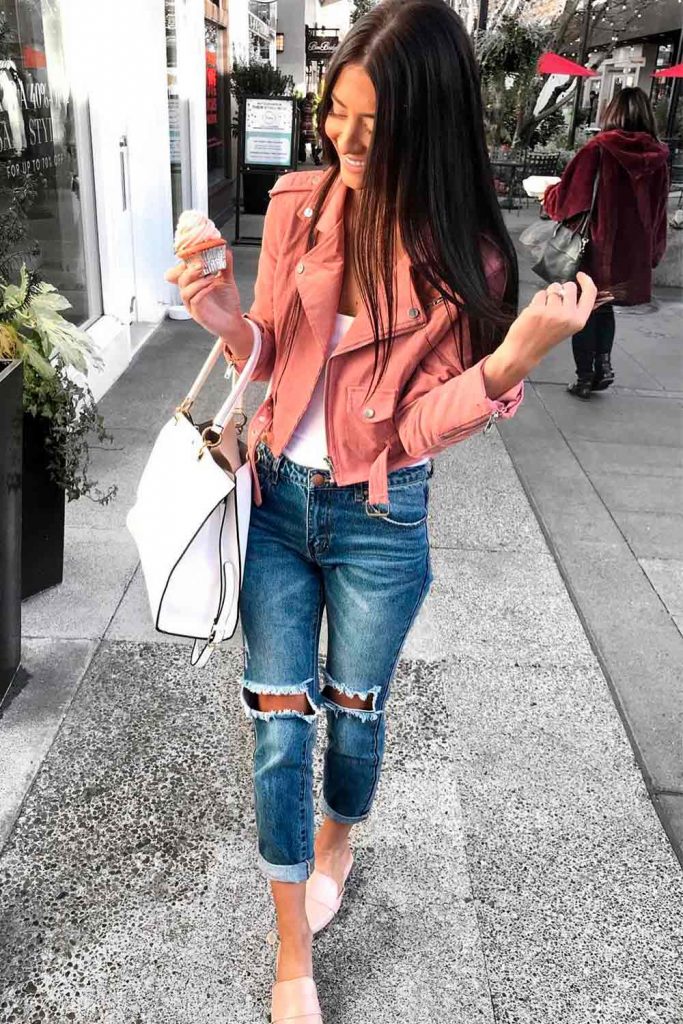 Blue Ripped Jeans With Crop Jacket Outfit