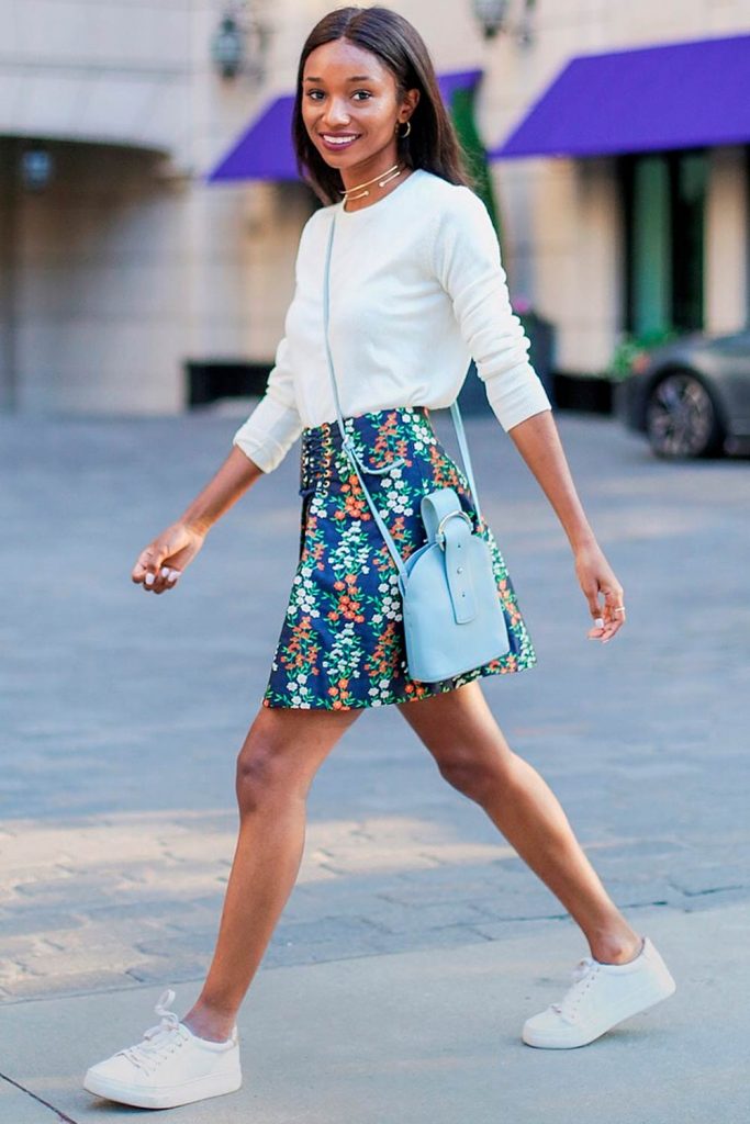 Perfect Shool Look With Floral Skirt And White Shirt 