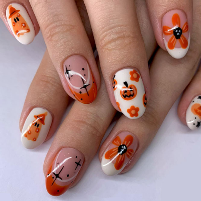 Pumpkins and Flowers Halloween Nails Design