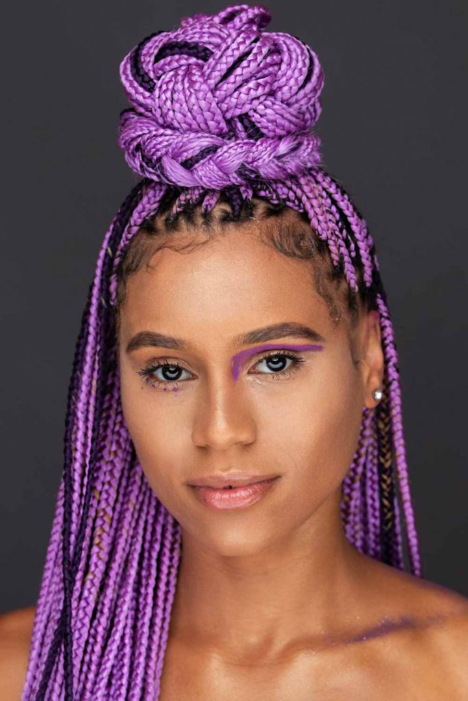 Purple Knotless Braids Half Updo Style