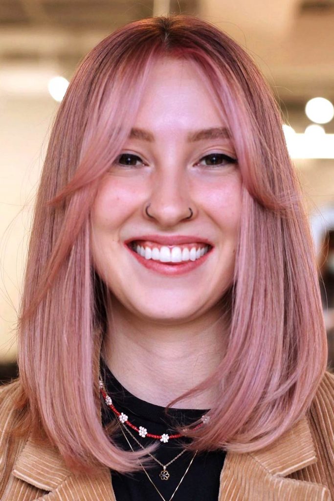 Pink Lob with Curtain Bangs