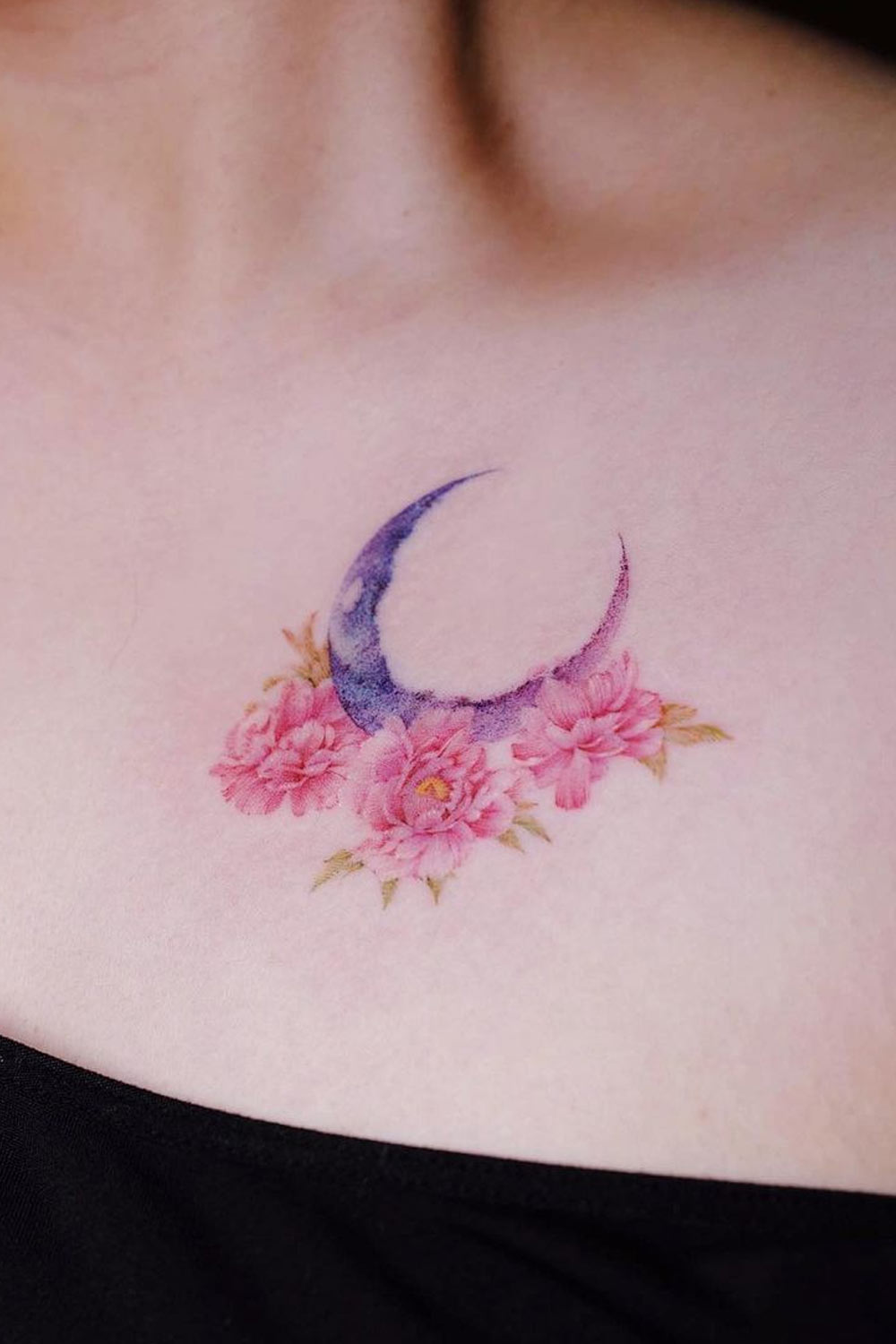 Watercolor Moon Tattoo with Flowers