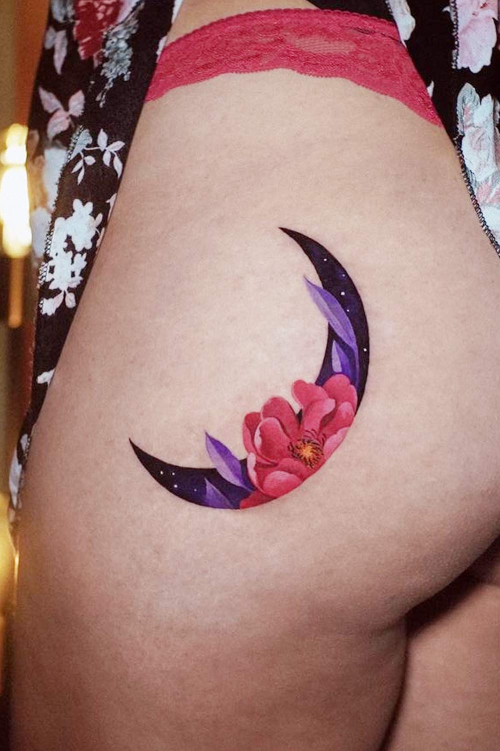 Moon Tattoo with Flower