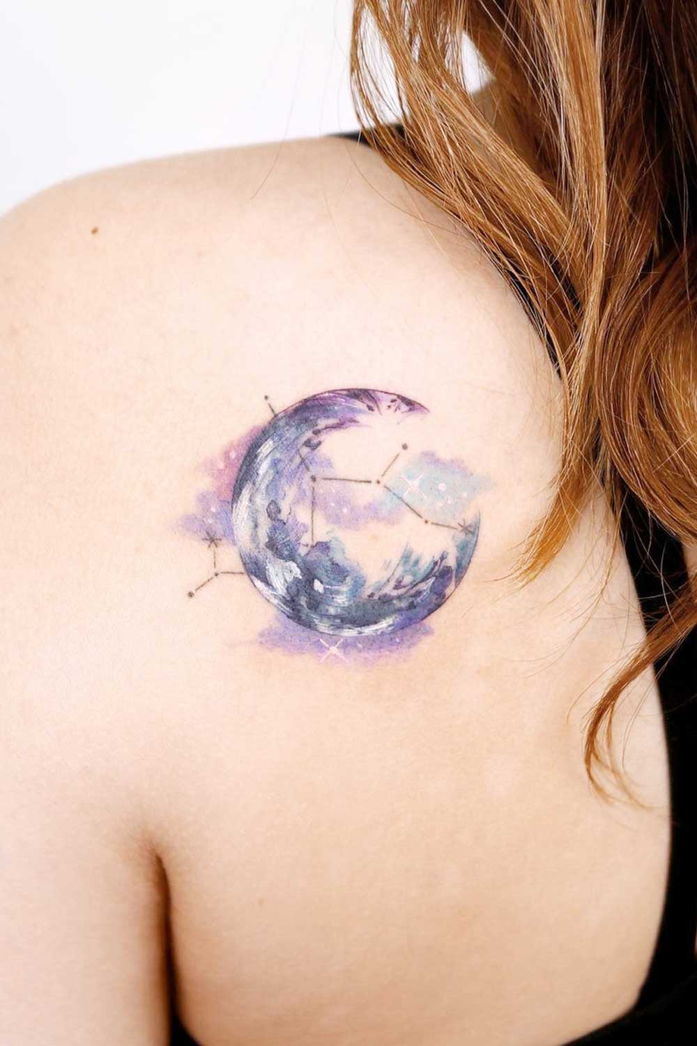 Watercolor Moon with Constellation Tattoo