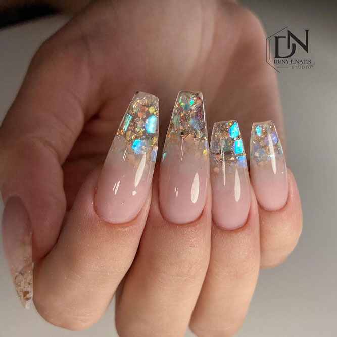 Gold Glittery Coffin Nails Ombre