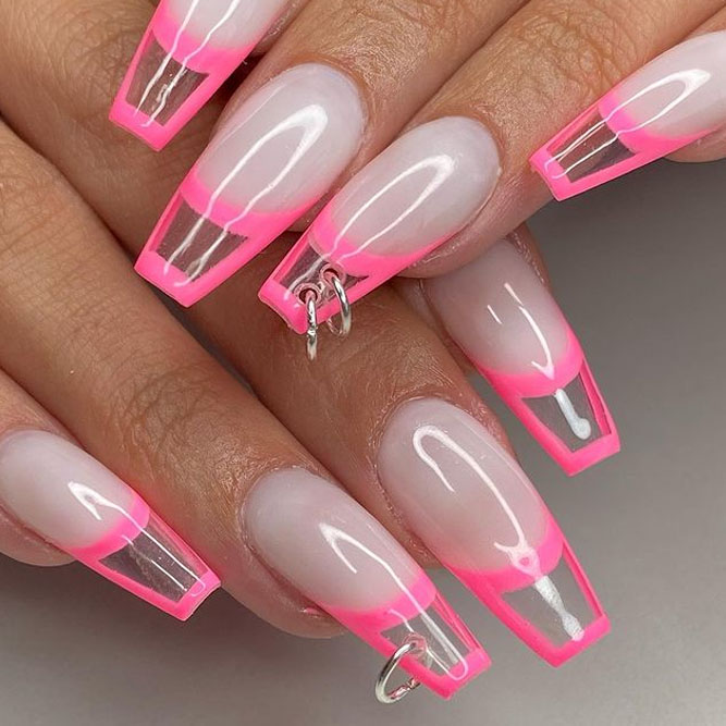 10 Nails Baby Pink French Neon Clear Space Press on Nails Gel Tips Acrylic  Glossy Short Long Pop Coffin Stiletto Ballerina Square 