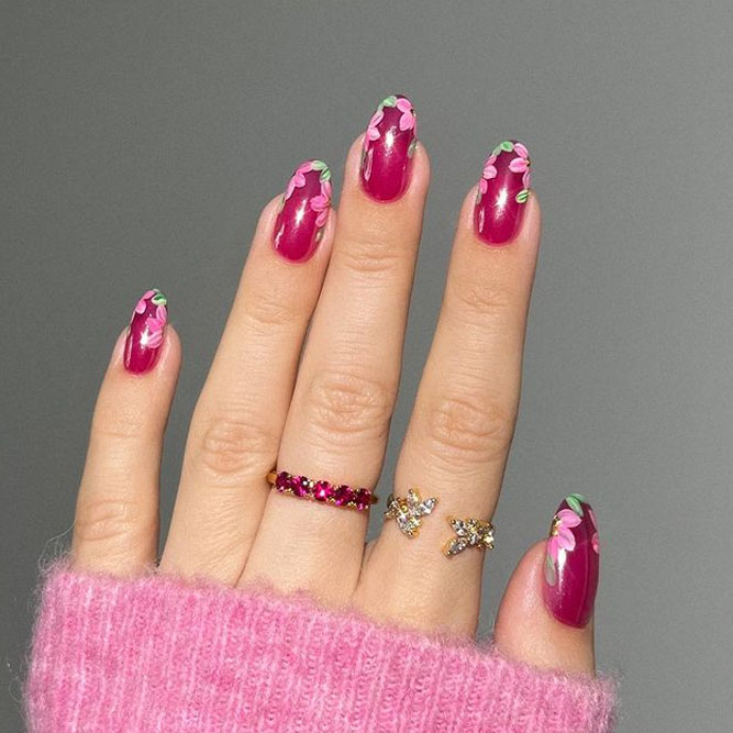 Dark Pink Nails with Flowers