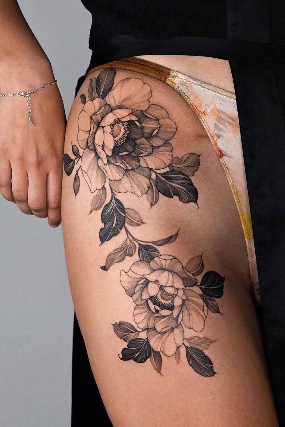 Peonies on thigh Tattoo Design