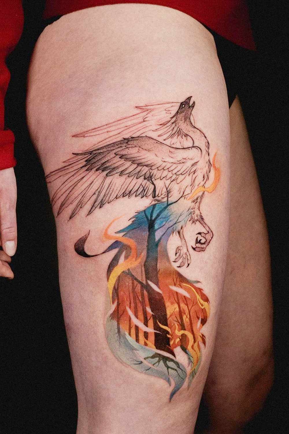 Phoenix Thigh Tattoo Idea