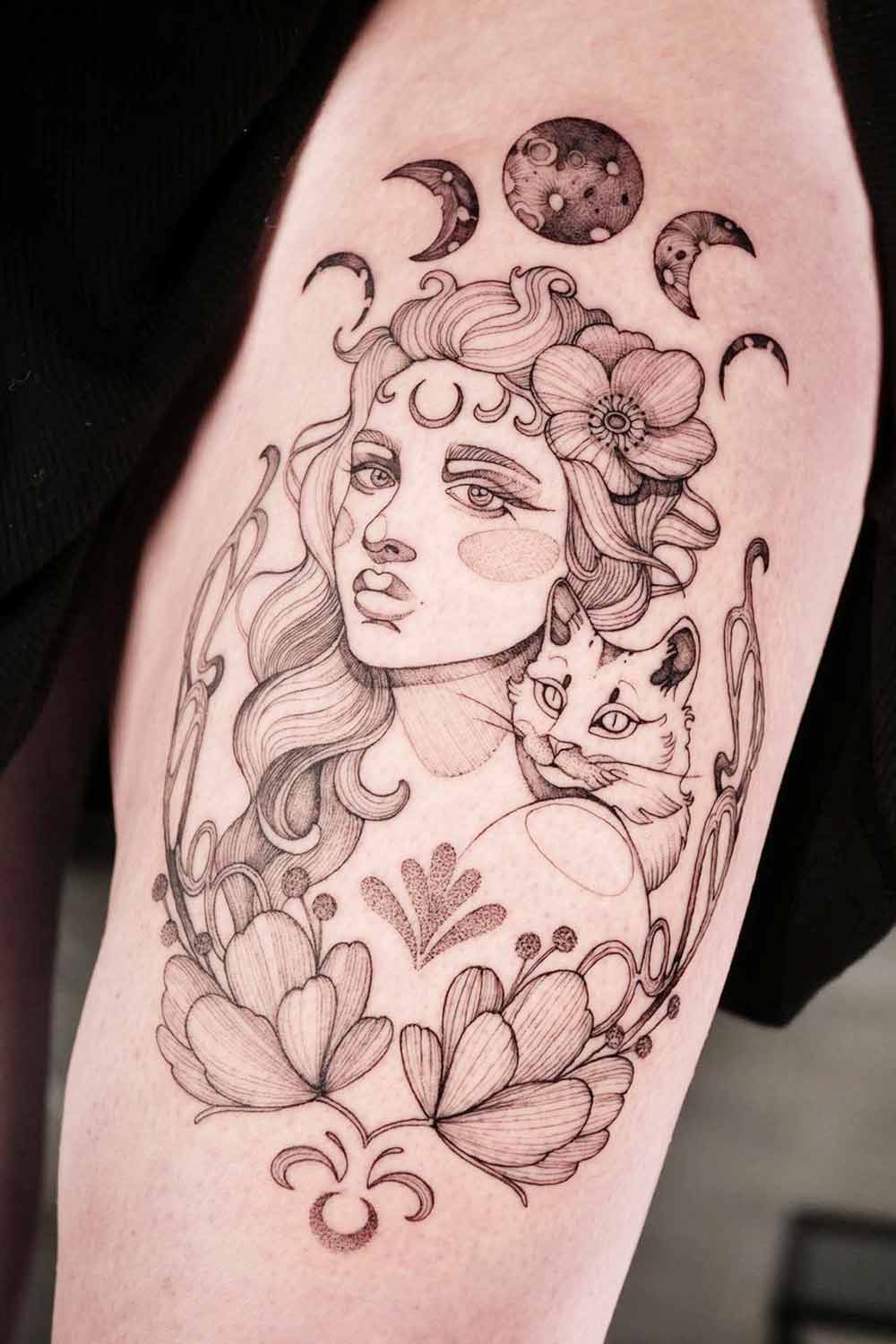 Female Portrait with a Cat Tattoo Design