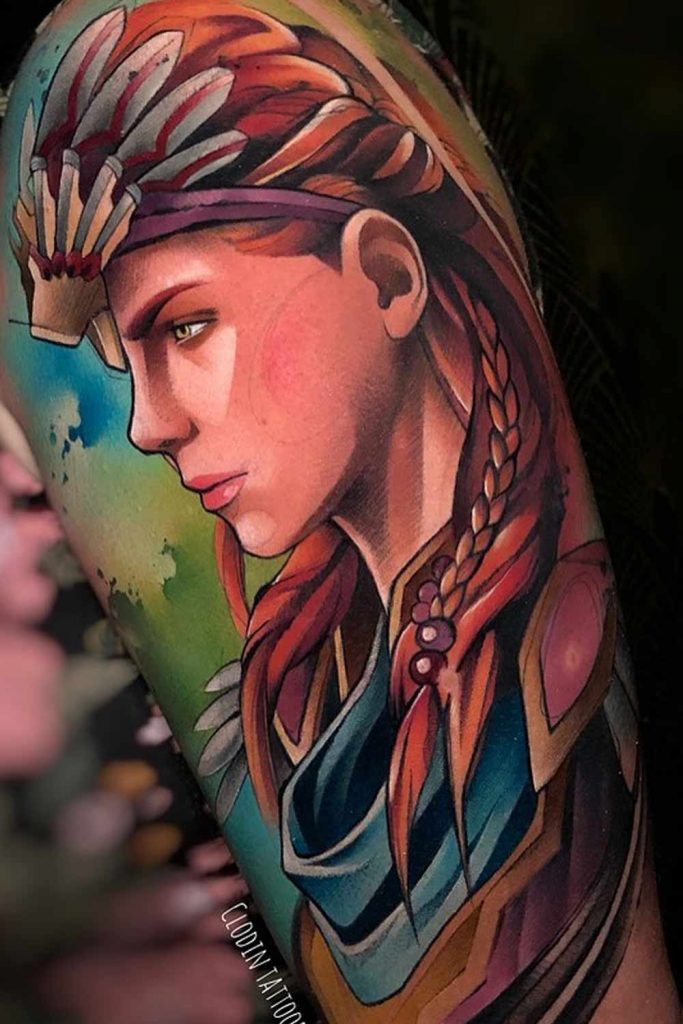 Female Warrior Watercolor Portrait Tattoo