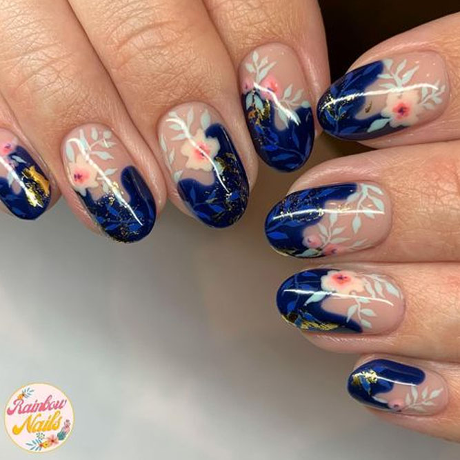 Floral Blue Autumn Nails