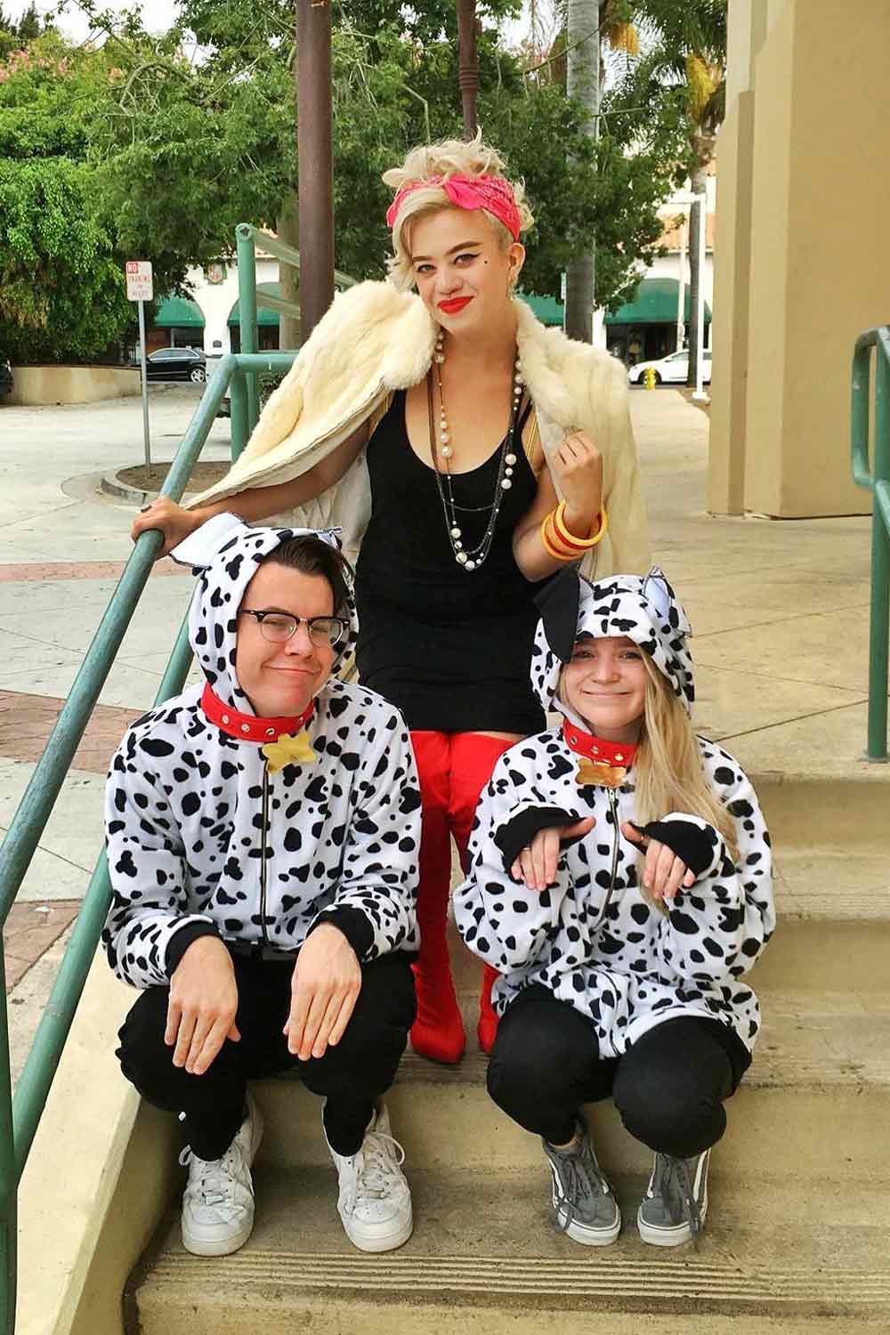 Cruella And Dalmatians Funny Halloween Costumes for Friends