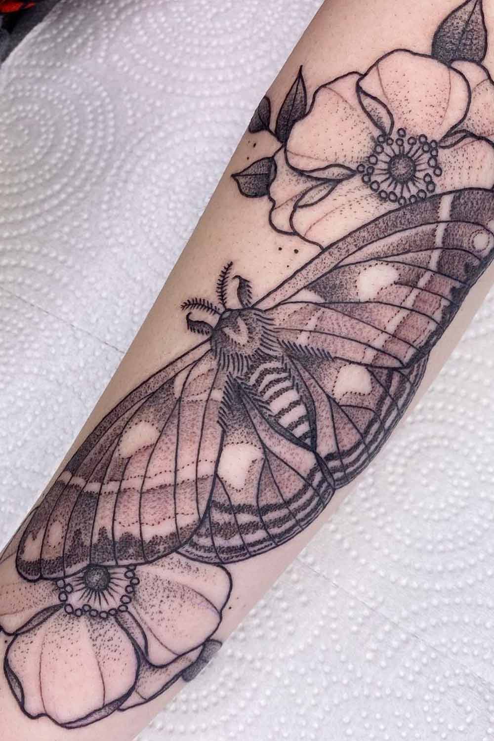 Dotwork Butterfly with Flowers Tattoo