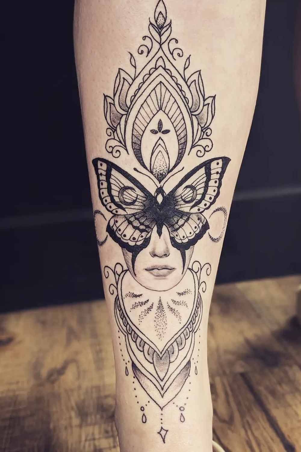 Mandala Style Tattoo with Butterfly and Half Face