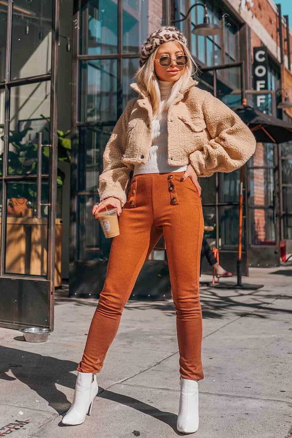 Fur Jacket with Orange Pants Outfits