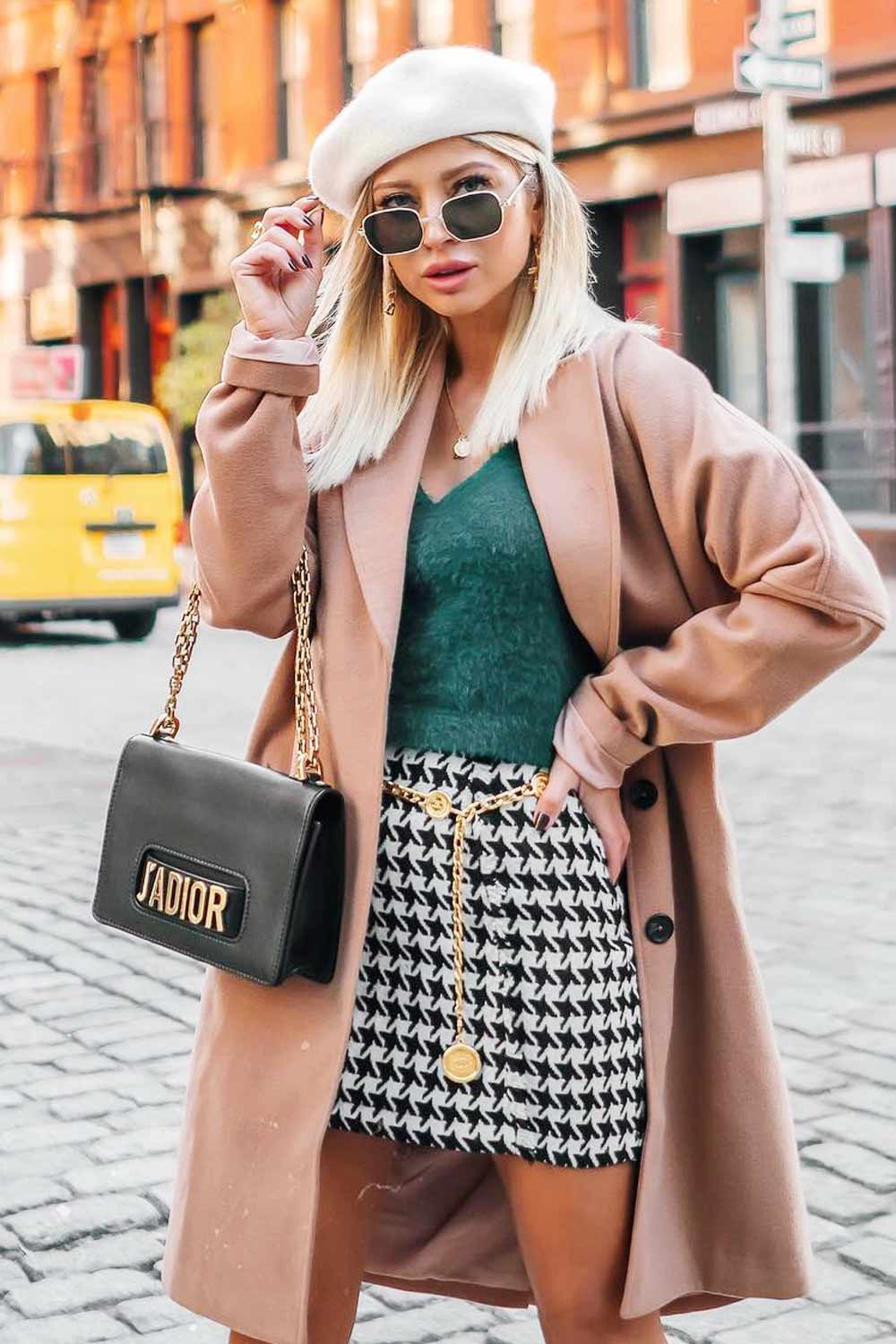 Skirt with Mid Coat + Beret Fall Outfits