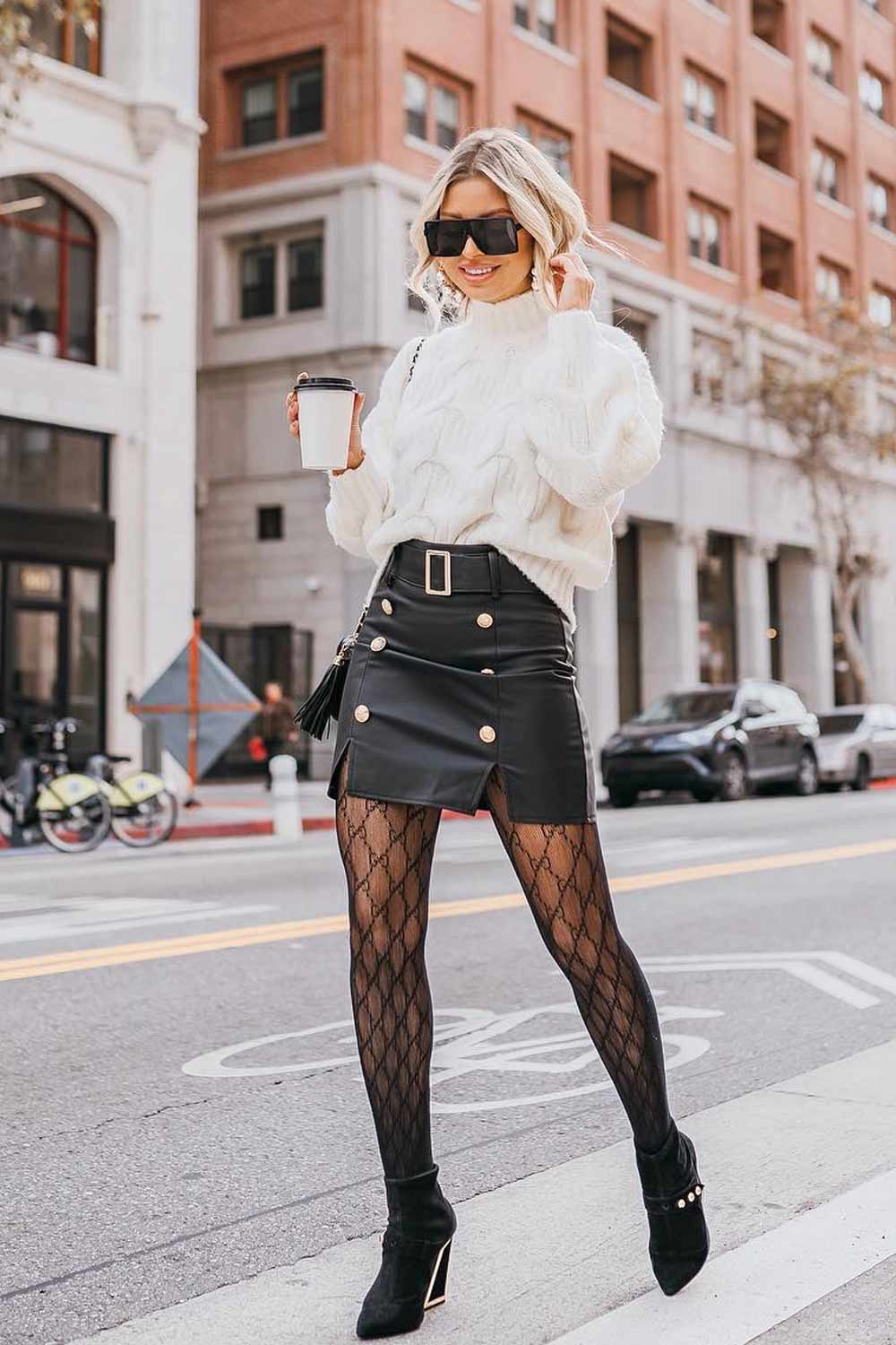 Leather Skirt with a Sweater Fall Outfits