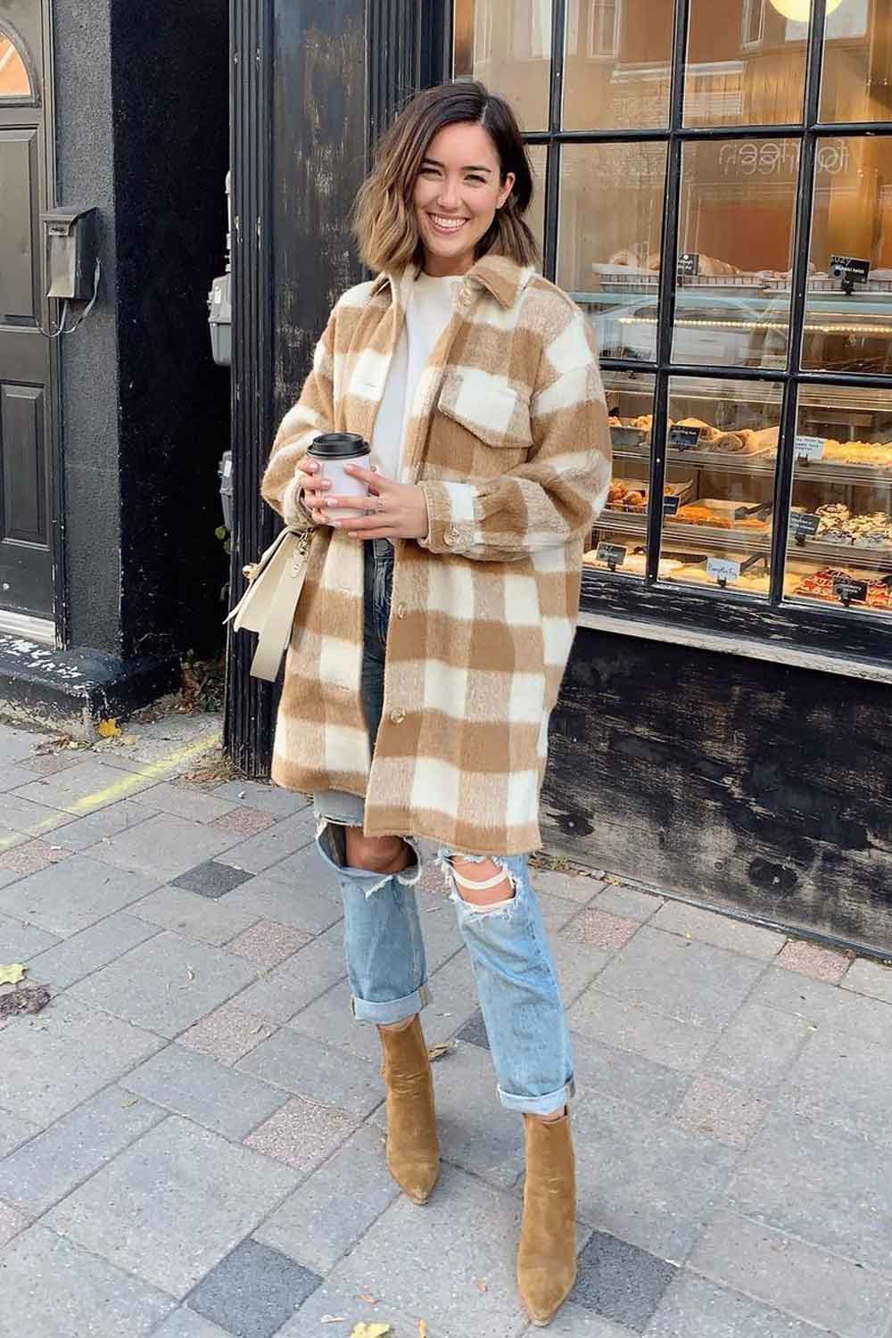 Fall Plaid Coat with Ripped Jeans Outfits