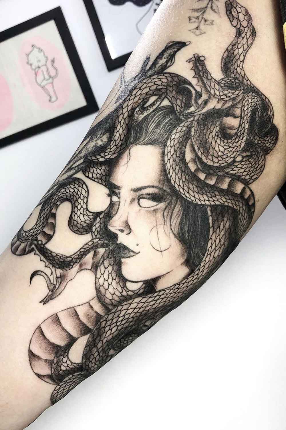Black and White Medusa Portrait Tattoo