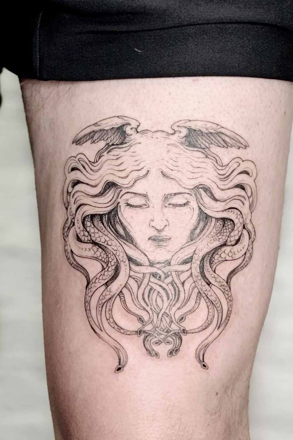 Thigh Medusa Design Tattoo