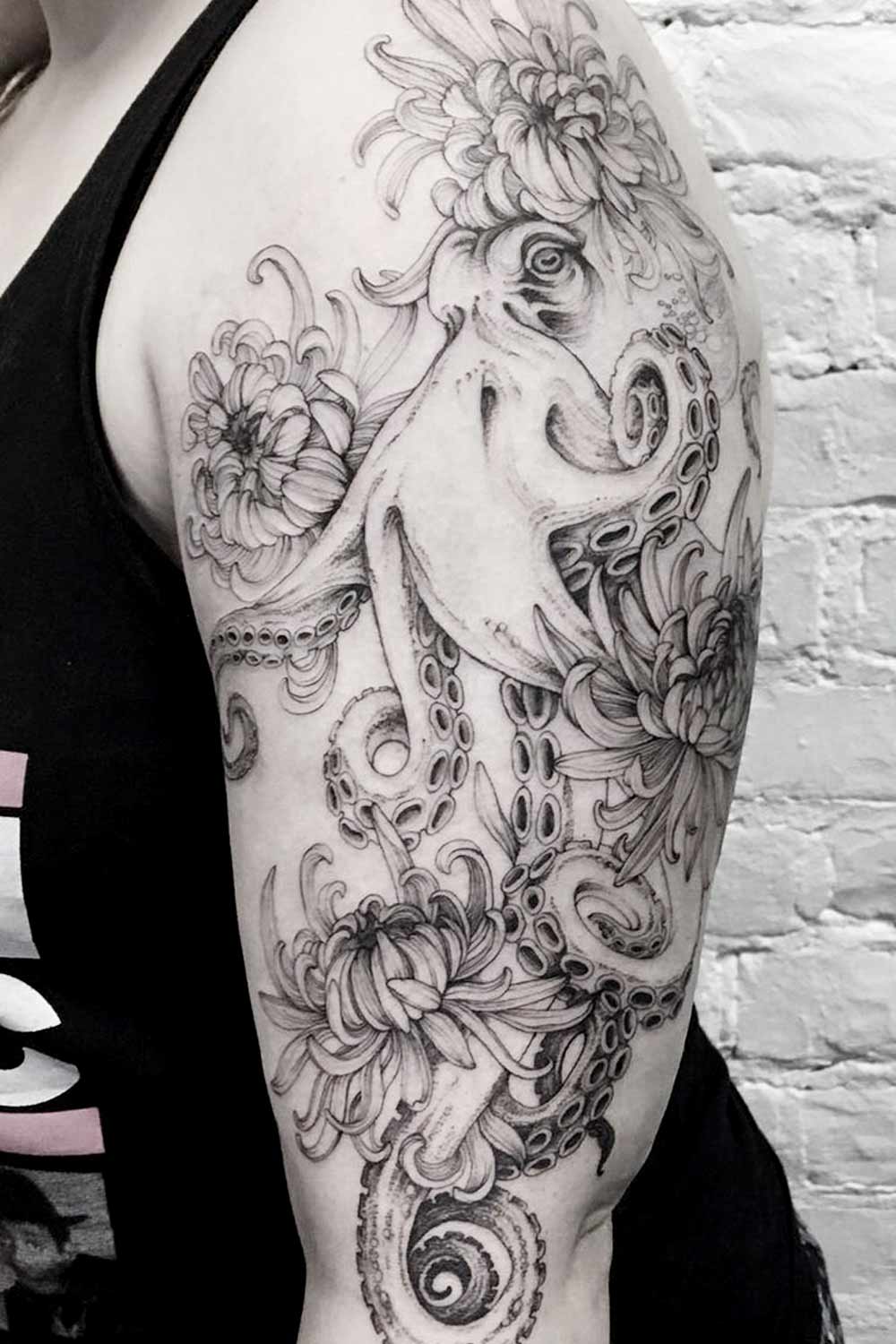 Black and White Otopus Tattoo with Flowers
