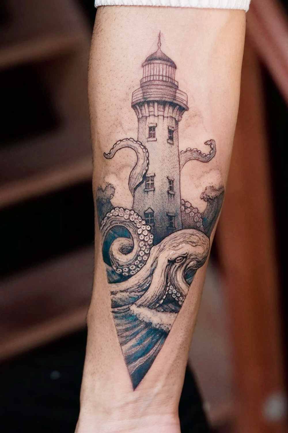 Octopus Tentacles with Lighthouse Tattoo Design