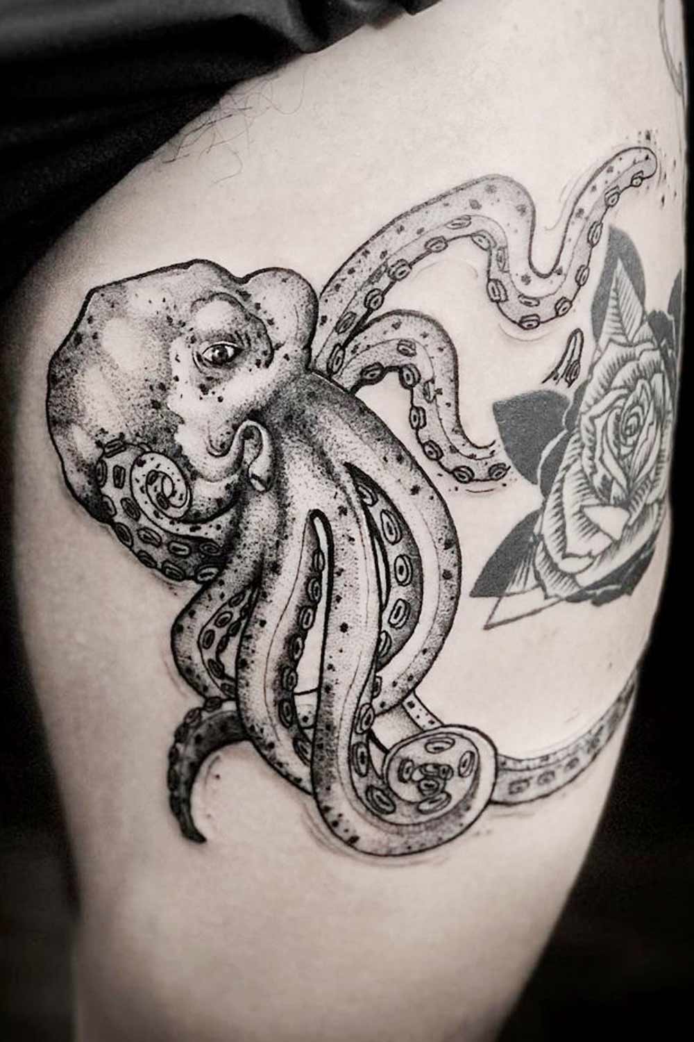 Octopus with Rose Thigh Tattoo Idea
