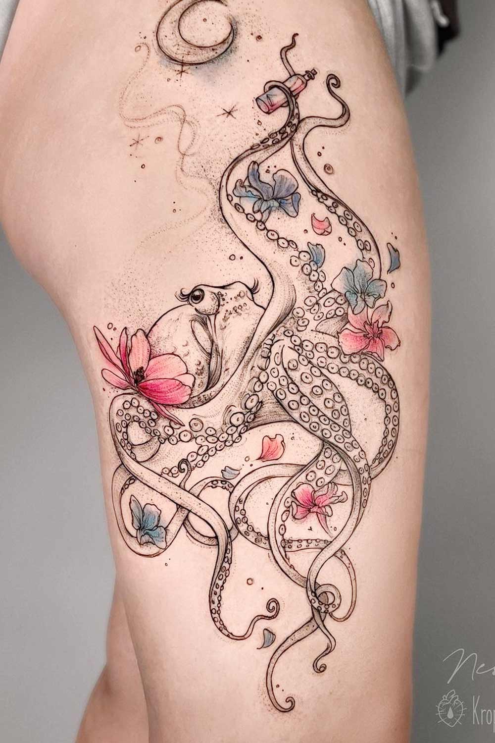 Watercolor Accent Octopus Tattoo